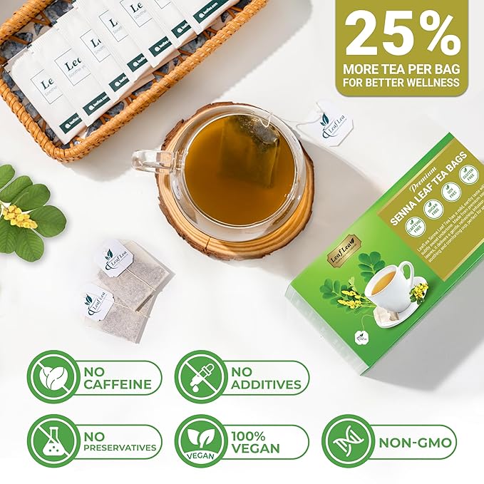 LeafLea 80 Senna Leaf Tea Bags – Natural Herbal Laxative Tea Supports Gentle Constipation Relief &amp Healthy Digestion Caffeine-Free Sugar-Free No Gluten Non-GMO Vegan Individually Wrapped