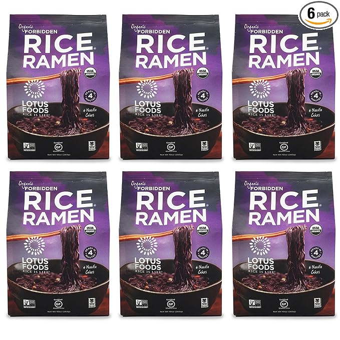 Lotus Foods Bulk Organic Forbidden Rice Ramen - Gluten Free Ramen Noodles Rice Ramen Whole Grain Ramen Noodles Organic Vegan Rice Noodles Low Sodium Usda Organic - 10 Oz Bags (Pack Of 6)