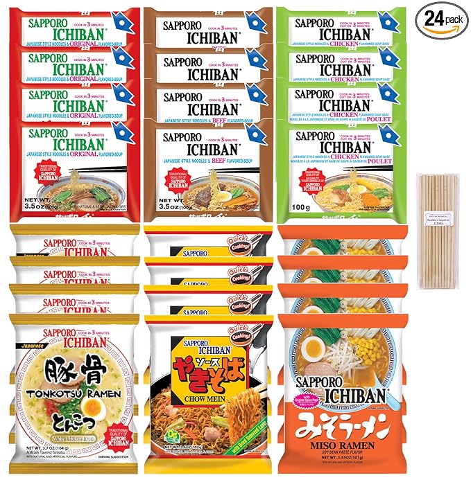 Sapporo Japanese Ramen Variety Pack 6 Traditional Authentic Flavors - Original Beef Chicken Tonkotsu Yakisoba Miso - 4 Pack Per Flavor Instant Ramen Noodle Sampler (24 Pack)