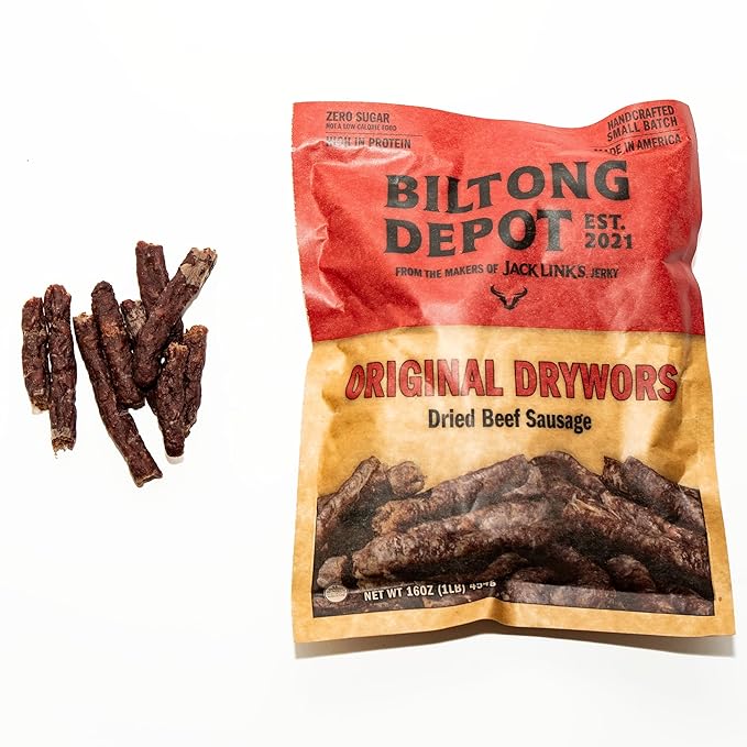 Biltong Depot Original Drywors - 1lb (16oz) | Air-Dried Beef Snack Sticks | High Protein | Keto &amp Paleo Friendly | Zero Sugar | Gluten Free | No Artificial Preservatives | No MSG