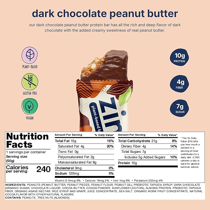 Zing Dark Chocolate Peanut Butter Vegan Protein Bars Gluten Free with High Protein High Fiber Dairy Free Nutrition Bars Plant Based Protein Kosher Low Sugar No Sugar Alcohols - 12 count