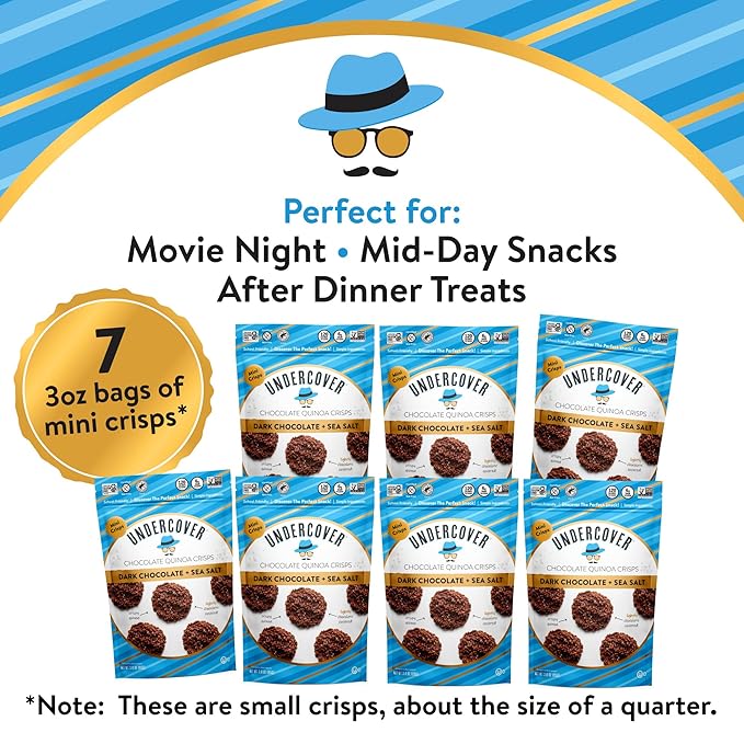 Undercover Snacks Chocolate Quinoa Crisps - Dark Chocolate + Sea Salt Quinoa Crisps | 7-Pack 3oz Bags of Mini Crisps | Gluten Free Nut-Free Allergen Friendly Kosher Plant-Based