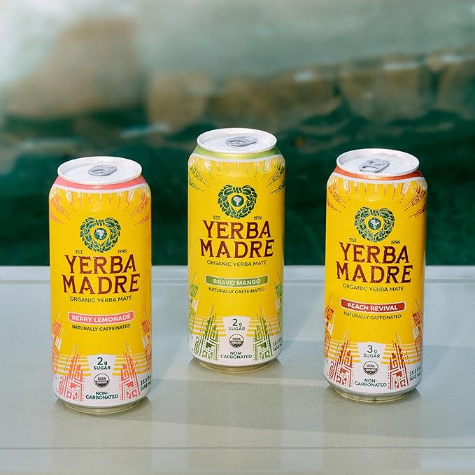 Yerba Madre Organic Yerba Mate Low Sugar Bravo Mango 150mg Natural Caffeine Energy Drink Alternative No Jitters or Crash 15.5 Oz (Pack of 12)