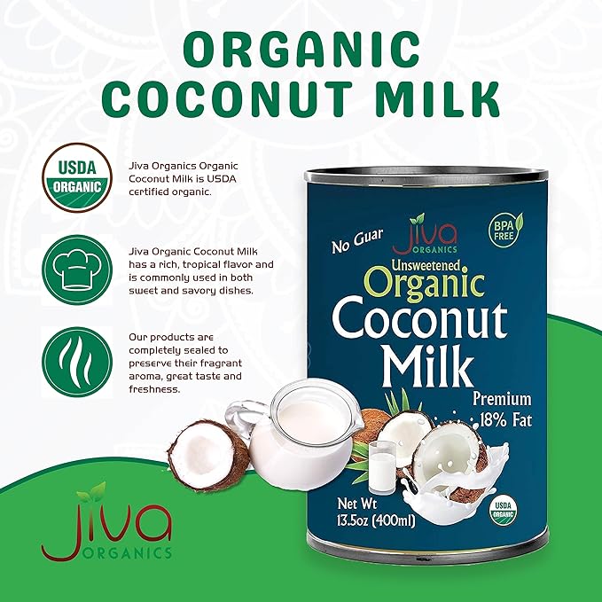 Organic Coconut Milk 13.5 Ounce (Pack of 12) - Unsweetened Premium FULL 18% Fat Vegan Paleo No Guar Gum BPA Free Keto Friendly by Jiva Organics
