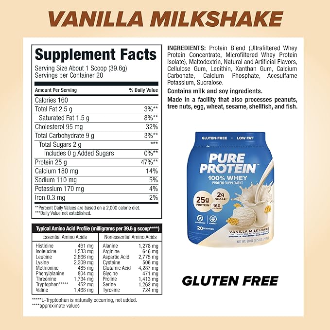 Pure Protein Powder Whey High Protein Low Sugar Gluten Free Vanilla Cream 1.75 lbs &amp Bars High Protein Nutritious Snacks to Support Energy Low Sugar Gluten Free