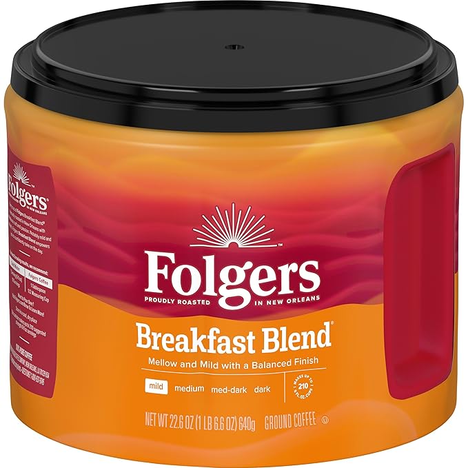 Folgers Breakfast Blend Mild Roast Ground Coffee 22.6 Ounces (Pack of 6)