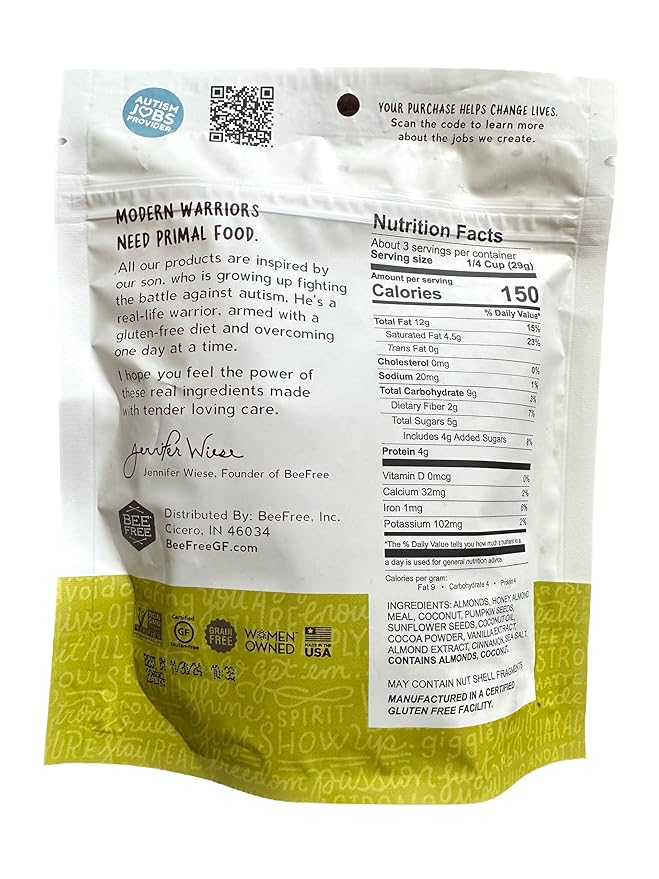 BeeFree Warrior Mix Granola | Gluten Free Grain Free Paleo Clay's Chocolate Buzz 3 Ounce Bag 6 case