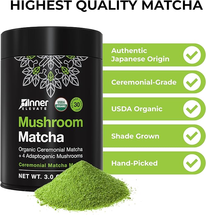 Inner Elevate Mushroom Matcha - Organic Ceremonial-Grade Matcha Powder with 4 Superfood Mushrooms - Adaptogenic Mushroom Tea Drink with Lion's Mane Cordyceps Turkey Tail Reishi (30 Servings)