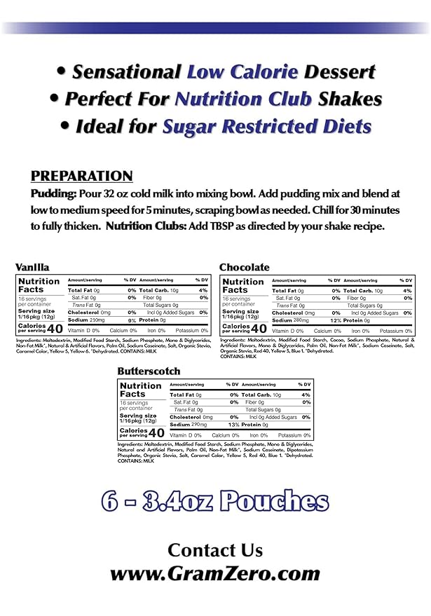 GramZero Variety (Vanilla Chocolate Butterscotch) Sugar Free Pudding Mix 6-Pack Great For Nutrition Club Meal Replacement Shakes Low Calorie Dessert Stevia Sweetened