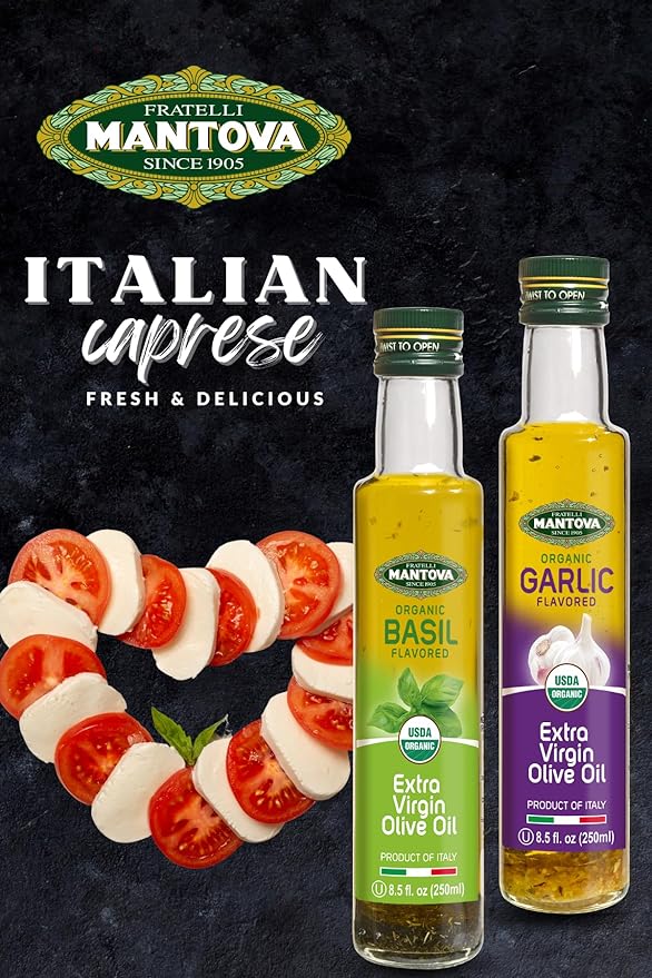 Mantova Organic Flavored Extra Virgin Olive Oil Variety Pack – Garlic Basil Chili and Lemon (8.5 oz Bottles Pack of 4) – Perfect for Cooking Dressing and a Great Gift Item
