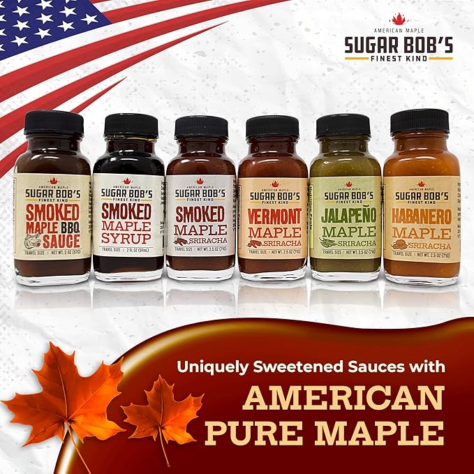 Sugar Bob's Finest Kind - Savory Maple Pantry 6 Flavor Variety Pack - Smoked Maple Syrup BBQ Sauce Maple Sriracha Hot Sauces &amp More - 2 oz Size
