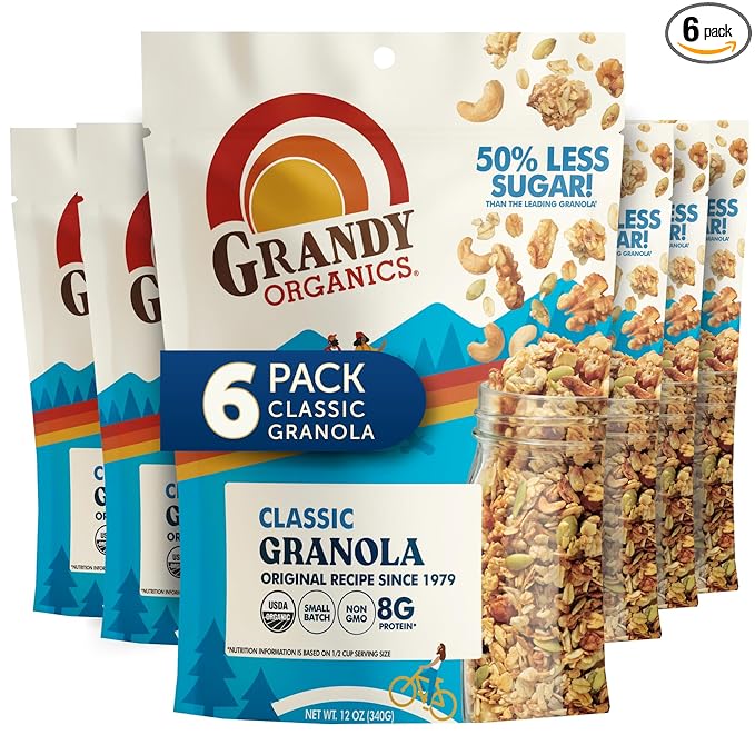 Grandy Organics Classic Granola Certified Organic Granola Cereal Low Sugar - Made with Oats Pumpkin Seeds Walnuts and Cashews 12oz Bags Bulk Pack of 6