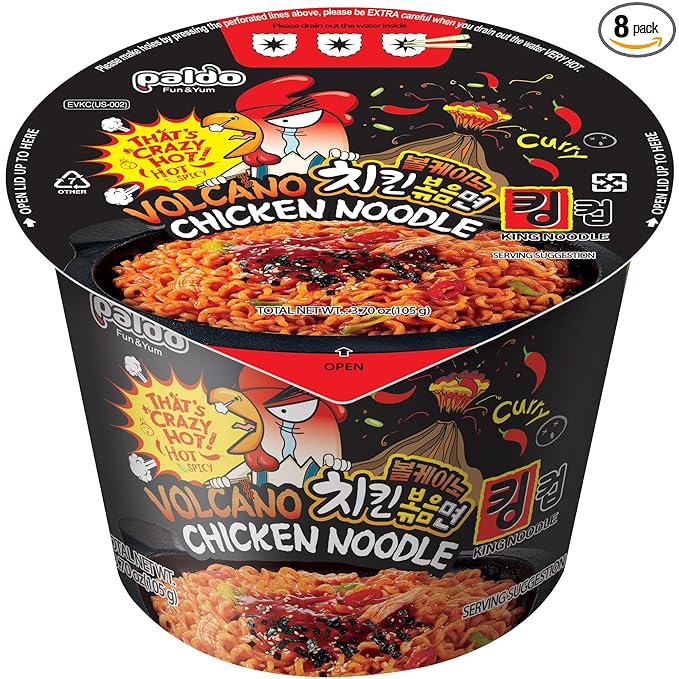 Paldo Fun &amp Yum Volcano Extremely Hot &amp Spicy Stir Fried Chicken Instant King Cup Noodles Soupless Original Korean Ramyun Spicy Ramen Challenge Chicken Bokkeummyun 볼케이노 치킨볶음면 킹 컵 3.70 oz x