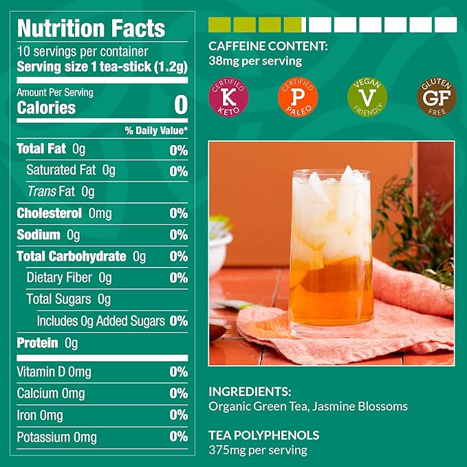 Cusa Tea &amp Coffee | Premium Instant Jasmine Green Tea With Real Fruit &amp Spices | Organic Leaves Drink Mix Packets | Hot or Iced Tea (10 Single Servings)