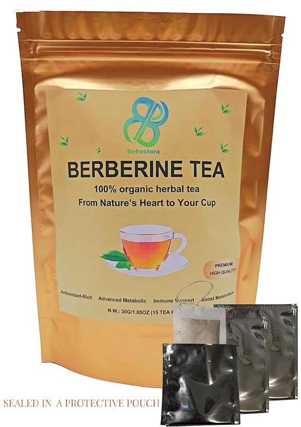 Behestora Berberine Tea is a caffeine-free - Herbal Detox Tea crafted with a blend berberine - cinnamon - turmeric - ginger - red rooibos - 15 Bags