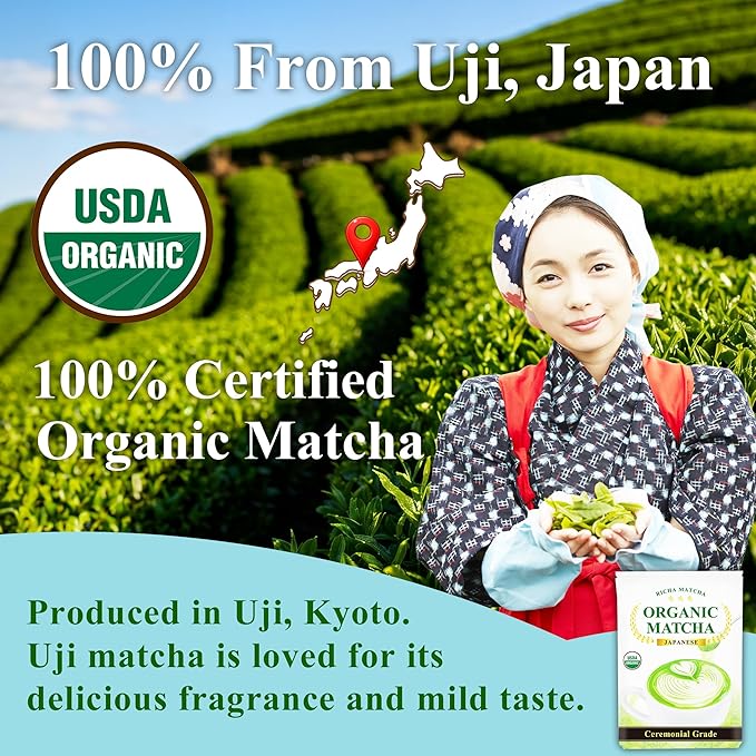 RICHA MATCHA – Organic Ceremonial Grade Japanese Matcha Powder – Uji Matcha Green Tea from Kyoto Japan – First Harvest – Smooth &amp Vibrant No Bitterness – No Sugar Added – 2.12oz (60g)