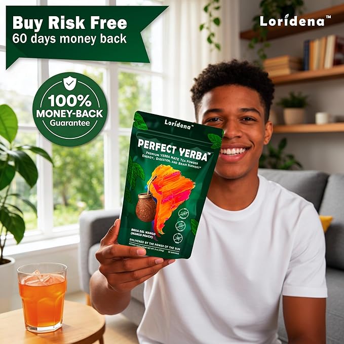 Perfect Yerba Instant Yerba Mate Tea Powder Drink – Mango Peach – Clean Energy + Focus + Gut Support (100mg Natural Caffeine Lion’s Mane L-Theanine Prebiotic + Probiotic + Enzymes) – 0g Sugar 30 S