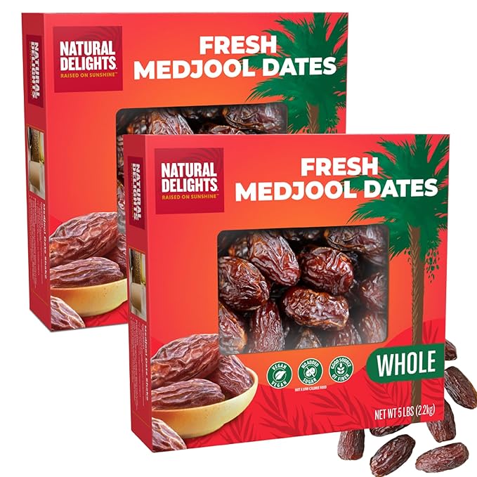 Natural Delights Medjool Dates Whole - Non-GMO Verified Fruit Good Source of Fiber &amp Potassium Naturally Sweet Snack for On-the-Go Large &amp Plump Dates - Bulk 5 lb Box (Pack of 2)