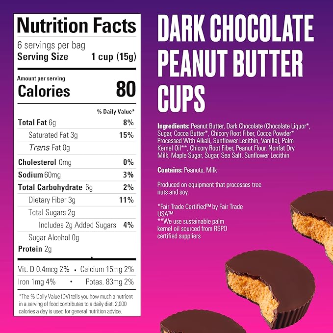 SkinnyDipped Dark Chocolate Peanut Butter Cups 2g Sugar per Cup Keto Friendly Low Carb Gluten Free 3.2oz 4 Pack (24 Cups Total)