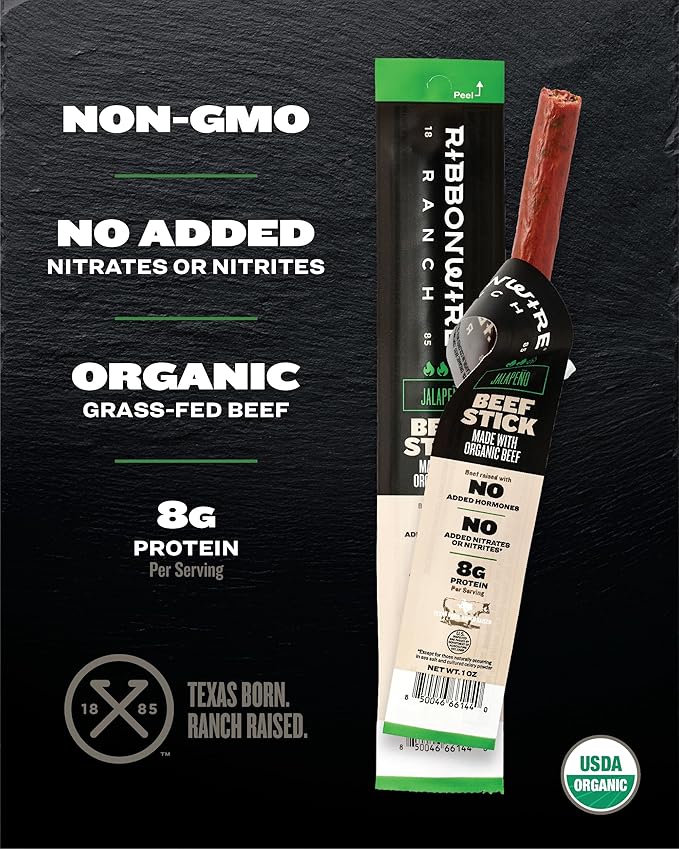 Ribbonwire Ranch Beef Sticks Made with Organic Beef Pasture Raised High Protein Snack Healthy Low Carb Keto Friendly Gluten Free Nitrate Free On the Go 1 Oz Sticks Jalapeno 20 Pack