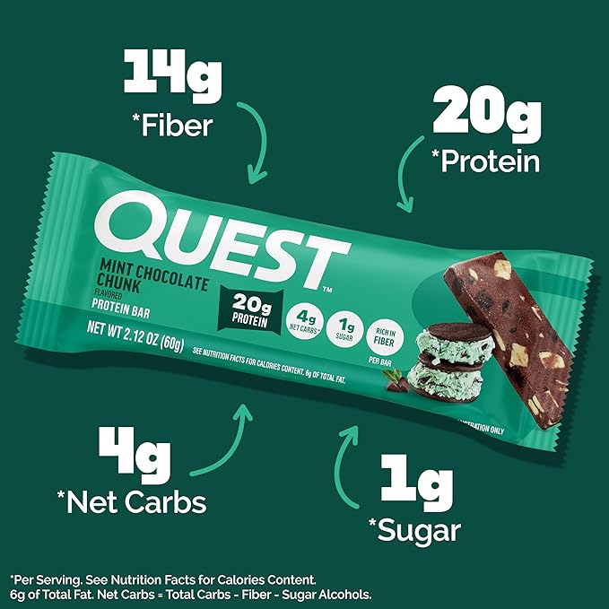 Quest Nutrition Mint Chocolate Chunk Protein Bars 20g Protein 1g Sugar 4g Net Carb High Fiber Gluten Free Keto Friendly 12 Count