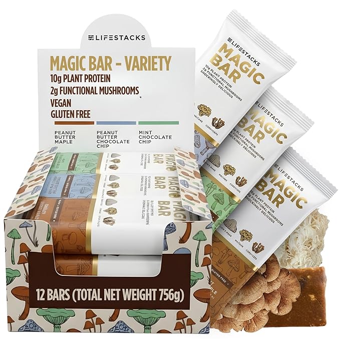 Lifestacks Magic Bar Functional Mushroom Energy Bars – 10g Plant-Based Protein with Lion’s Mane Cordyceps &amp Maitake | Adaptogen Superfood Blend | Made in USA | 12-Pack Variety Box