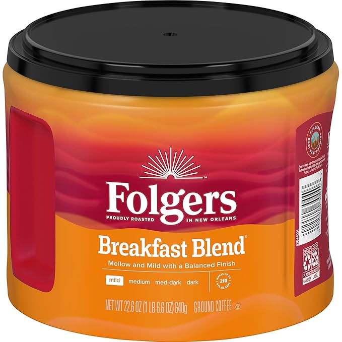 Folgers Breakfast Blend Mild Roast Ground Coffee 22.6 Ounces (Pack of 6)