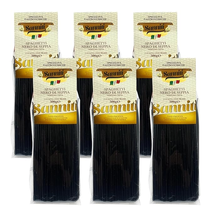 Sanniti Nero di Seppia Spaghetti 500g | Premium Italian Squid Ink Pasta | Rich Gourmet Flavor | Crafted in Italy (Pack of 6)
