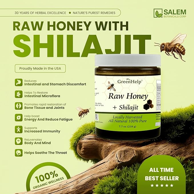 Green Help Raw Honey with Shilajit – 100% Natural Honey Infused with Shilajit – Supports Energy Vitality &amp Overall Wellness – Rich in Antioxidants &amp Nutrients – No Artificial Additives – Made