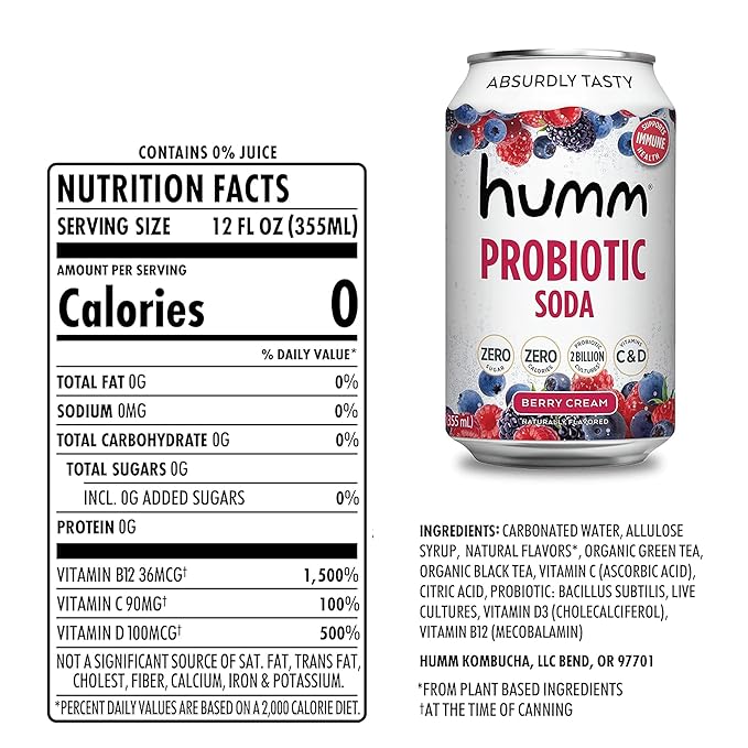 Humm Sparkling Probiotic Berry Cream Soda Zero Sugar Zero Calorie 2 Billion Probiotics Vitamin C D and B12 12 fl oz (12 Pack)