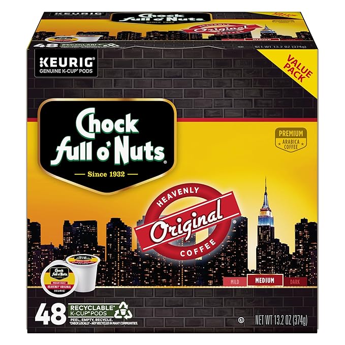 Chock Full o' Nuts Heavenly Original Keurig K-Cup Pods for Keurig Brewers – Premium Arabica Medium Roast – Single Serve – 1 Pack of 48 K-Cup Pods