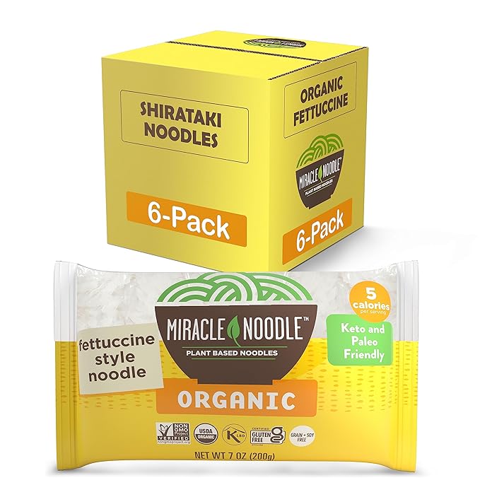 Miracle Noodle Organic Fettuccine Pasta 7 Oz (Pack of 6) Plant Based Shirataki Konjac Noodles 5 Calories 1g Net Carbs Per Serving Keto Gluten-Free