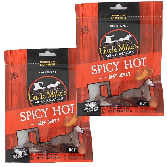 Uncle Mike's Beef Jerky Snacks - Gluten Free 2 Bags Tasty Spicy Hot Flavor