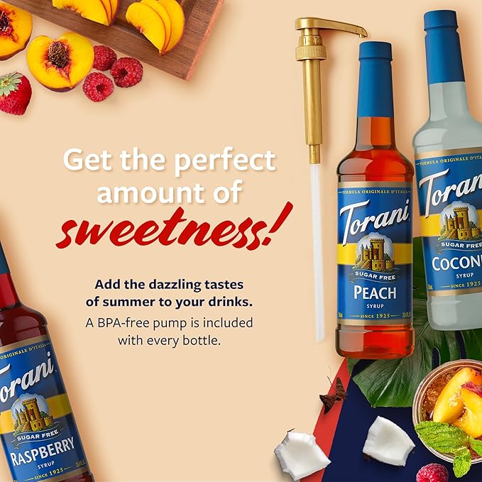 Torani Sugar Free Syrup Variety 3-Pack Peach Coconut and Raspberry Syrup for Drinks Zero Calories Pumps Included 25.4 Fl Oz Ea