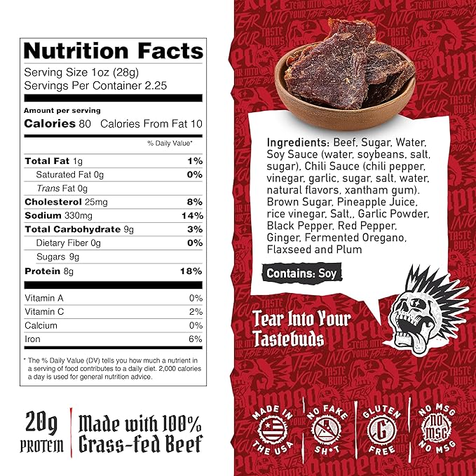 Ripped Beef Jerky - 100% Grass Fed Beef 20g Protein Real Ingredients Gluten Free No MSG Made in USA (Pack of 3 Sweet &amp Spicy)