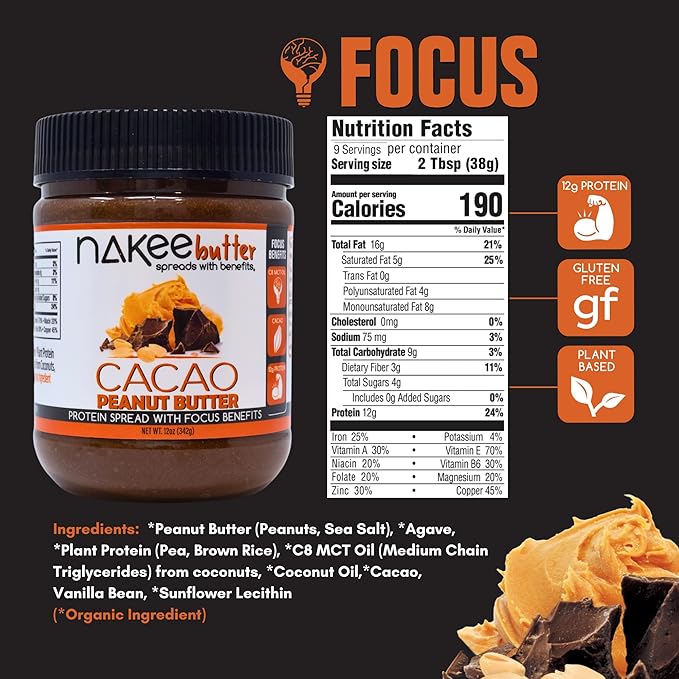 Nakee Butter Focus Cacao Peanut Butter Jar - Gluten-Free High-Protein Keto Low-Carb &amp C8 MCT Oil
