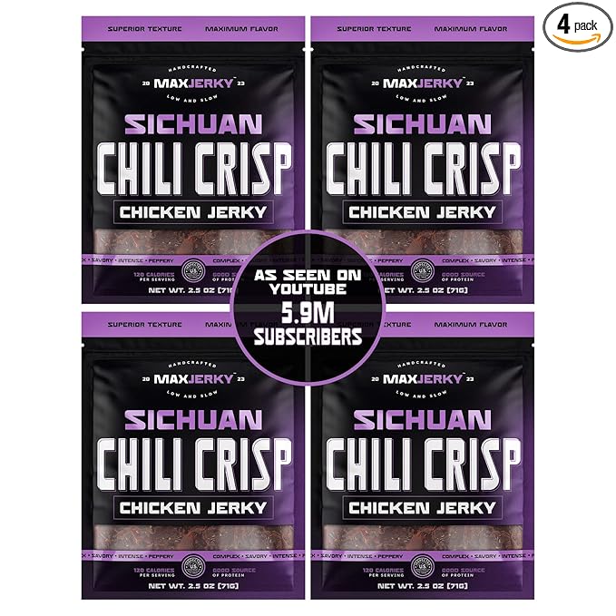 MaxJerky Sichuan Chili Crisp Chicken Jerky 27.5 Grams of Protein 2.5 OZ (4 Pack)