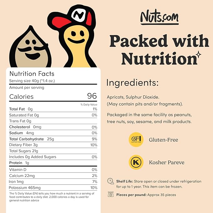 Nuts.com – Dried Apricots Turkish – No Sugar Added Healthy Fruit Snack for Adults &amp Kids – Naturally Plump &amp Juicy Good Source of Potassium &amp Fiber – Vegan Gluten-Free Kosher Pareve –