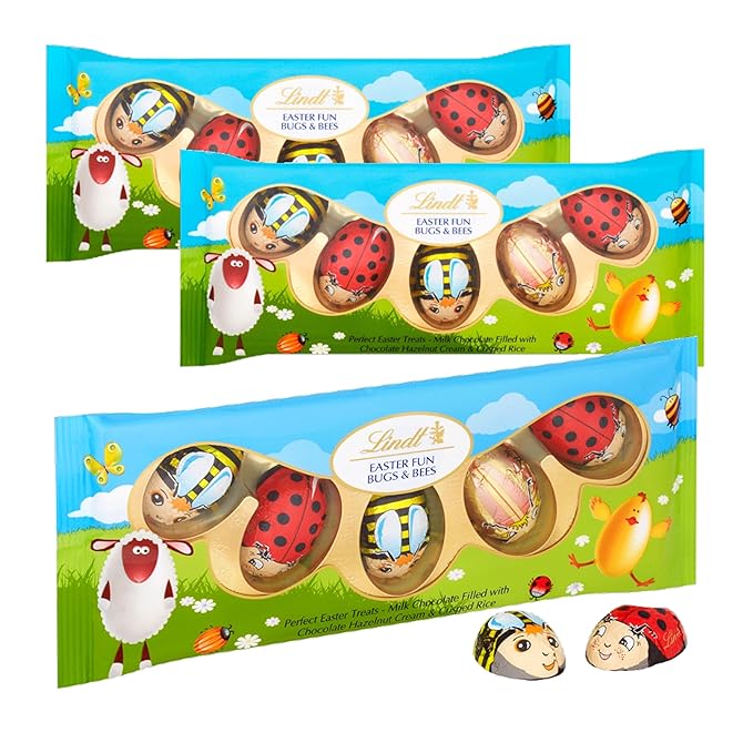 Lindt Easter Chocolate Bulk Buy - Pack of 3 x 50g Milk Chocolate Bugs &amp Bees Filled with Hazelnut Cream and Crispy Rise Chocolate Bulk for Easter Gifts Easter Egg Hunt Party Bag Fillers or Hampe