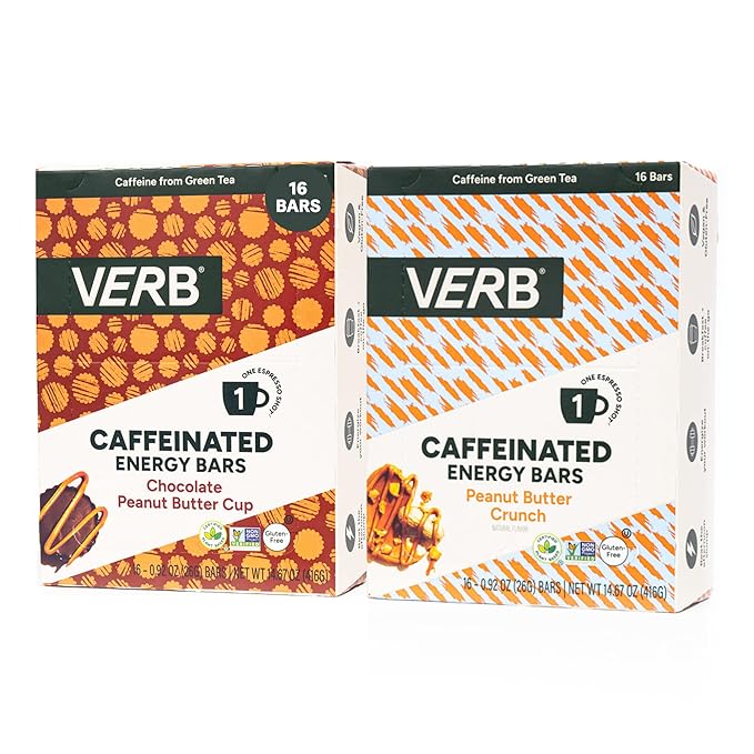 Verb Energy Bar Variety Pack – Peanut Butter Cookie &amp Chocolate Peanut Butter Cup – Caffeinated Snack Bars – Low Sugar 110-Calorie Energy Bars – Vegan Gluten-Free with Organic Green Tea (32 Pac
