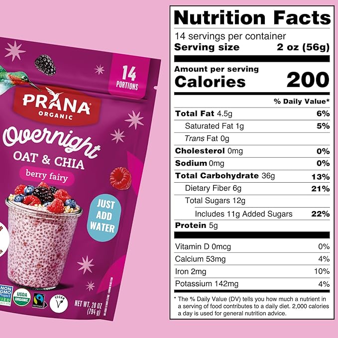 Prana Organic Overnight Chia with Oats Berry Fairy | Rich in Fiber &amp Protein Vegan Non-GMO | Ready to Eat Breakfast - 28 oz Bags - 2 Pack