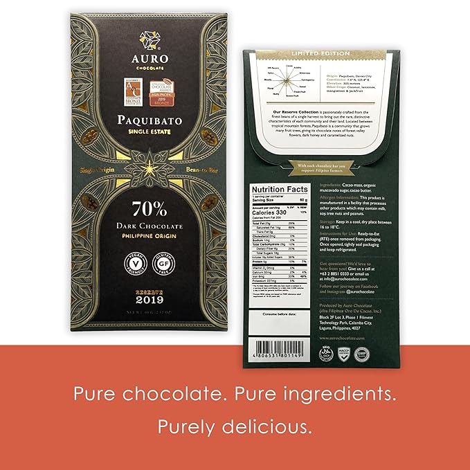 Auro Reserve Paquibato 70% Dark Chocolate 3 Pack - Filipino Chocolate - Premium Made At Origin Direct Trade Bean-to-Bar Woman Owned BIPOC Owned - Vegan Gluten-Free Halal - Bundle
