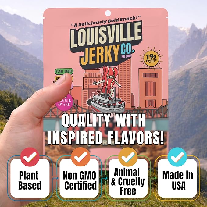 Louisville Jerky Co. Vegan Jerky Plant-Based Maple Bacon Flavor High Protein Snack (3 Ounce 3-Pack) – Sweet &amp Smoky Chewy Texture Gluten-Free
