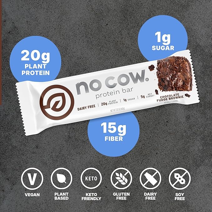 No Cow Vegan Protein Bars Upgraded Chocolate Fudge Brownie | 20g Plant Based Protein Gluten Free Dairy Free Soy Free Keto Friendly Low Sugar High Fiber Snack Bars | Pack of 12