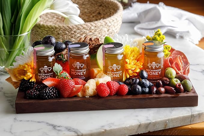 Bee Harmony Classic Honey Flight Mini Honey Gift Set 4 Jars 3 OZ Each Premium Raw Made in the USA