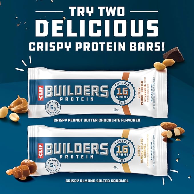 CLIF BUILDERS Protein Bars - Crispy Almond Salted Caramel and Crispy Peanut Butter Chocolate Variety Pack - Reduced Sugar - Gluten Free - 16g Protein - No Artificial Sweeteners - 1.97 oz. (12 Count)