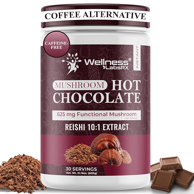 Mushroom Hot Chocolate Powder with Reishi 10:1 Extract Hot Cocoa Powder Caffeine-Free Mushroom Coffee Alternative - Adaptogenic Superfood Drink for Focus Relaxation and Mood Support - 30 Servings