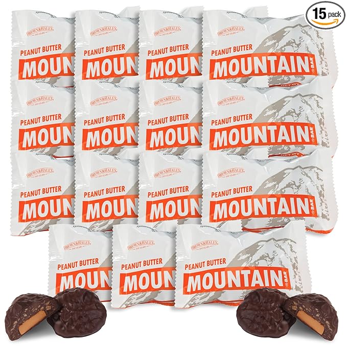 Almond Roca Case of 15 Peanut Butter Mountain Bars - 1.6oz Individually Wrapped Chocolate Candy Bars - Chocolate Candy with Peanuts and Creamy Center