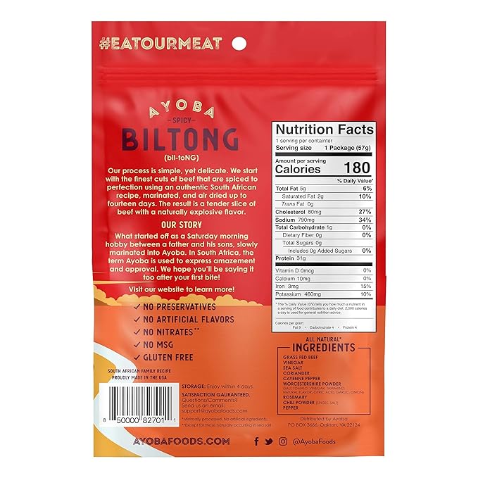 Ayoba Spicy Grass Fed Beef Biltong Slices (2 Ounce Pack of 3) - Keto Friendly Air-Dried Grass Fed Beef Paleo Snacks - Gluten Free Whole 30 Approved Sugar free No Carb Meat Snacks
