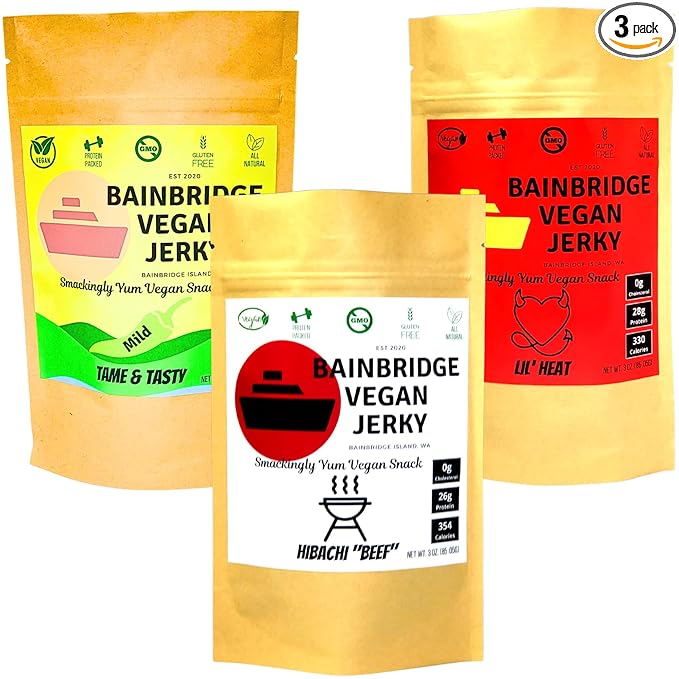 Bainbridge Vegan Jerky – Variety Pack: Tame &amp Tasty Lil' Heat Hibachi Beef Vegan Jerky Plant Based Snacks All Natural Non-GMO Gluten Free Vegan Meat/Vegetarian Jerky 3 oz (Pack of 3)